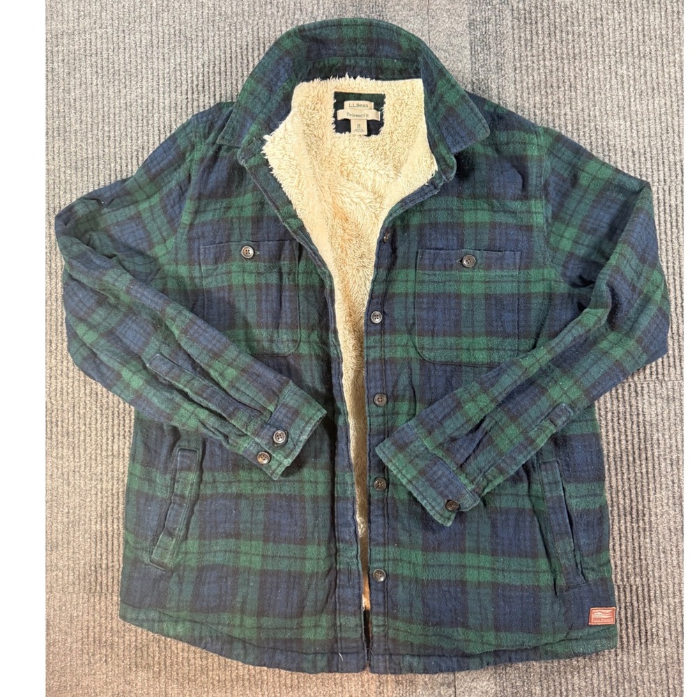 LL Bean Mens 100 % Cotton Fleece Lined Flannel Shirt Jacket Plaid Green Blue M